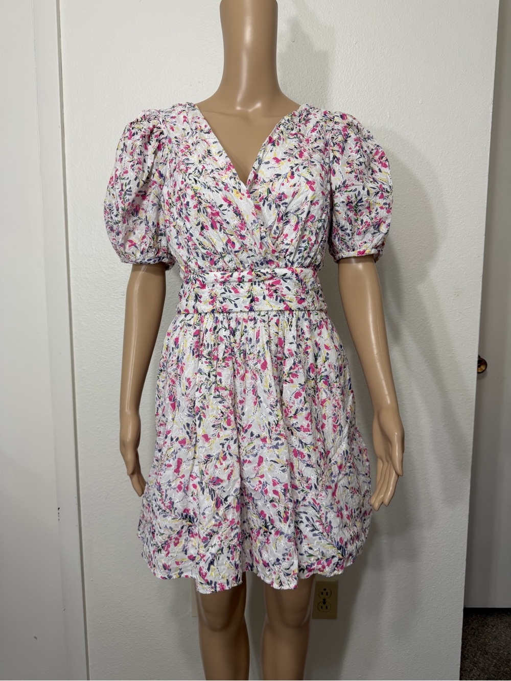 French Connection Pink Floral Puff-Sleeve Mini Dress Size 8